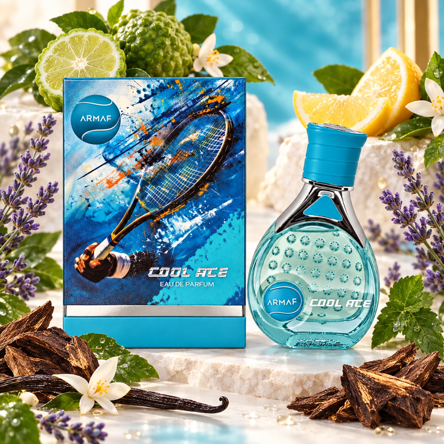 Cool Ace Armaf cercado por bergamota, limão, lavanda, patchouli, baunilha e oud
