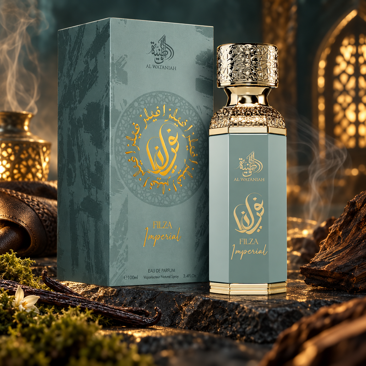 Filza Imperial Al Wataniah em cenário noturno com incenso, couro, oud, baunilha e musgo