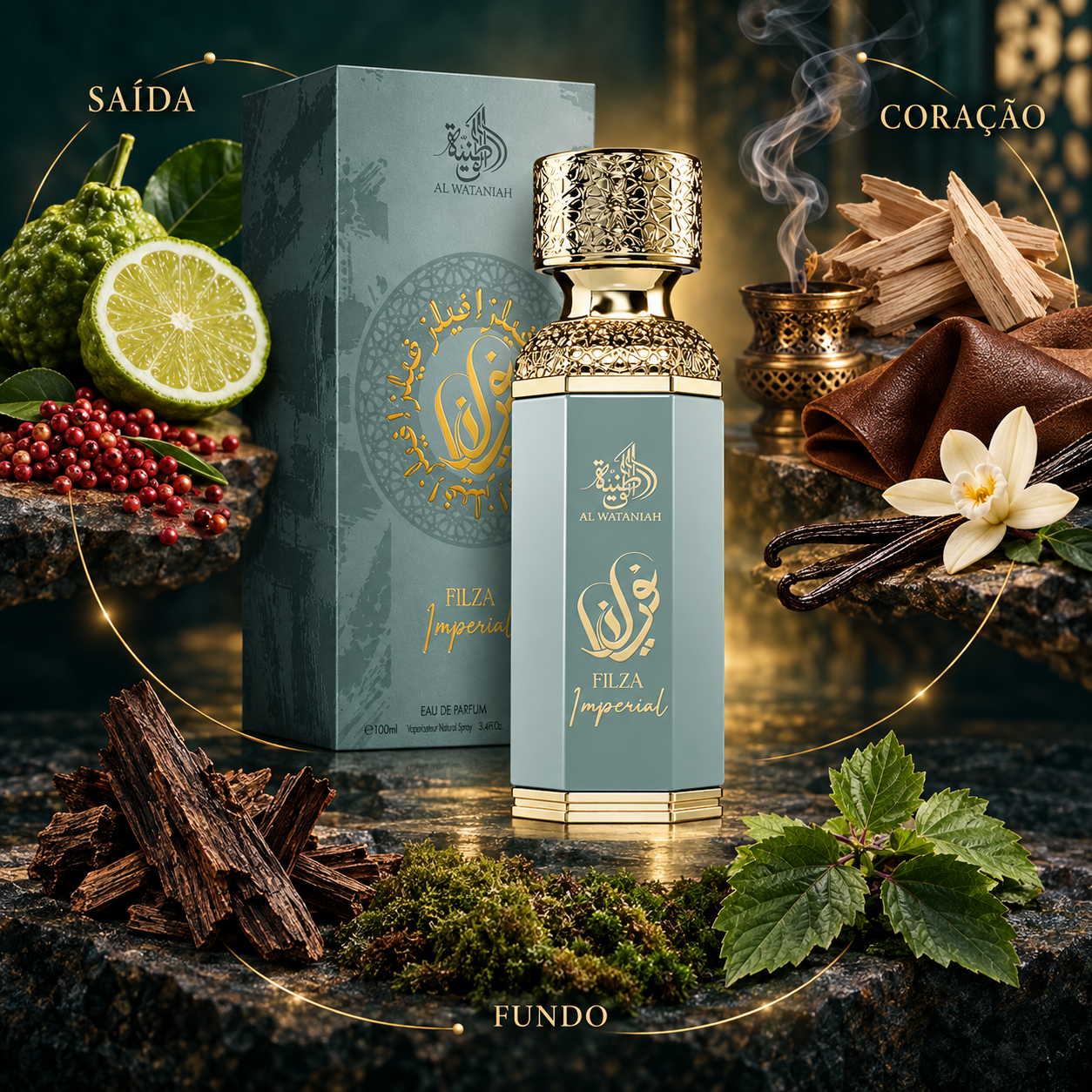 Filza Imperial Al Wataniah com bergamota, pimenta-rosa, incenso, madeiras, couro, oud, baunilha, musgo e patchouli ao redor do frasco