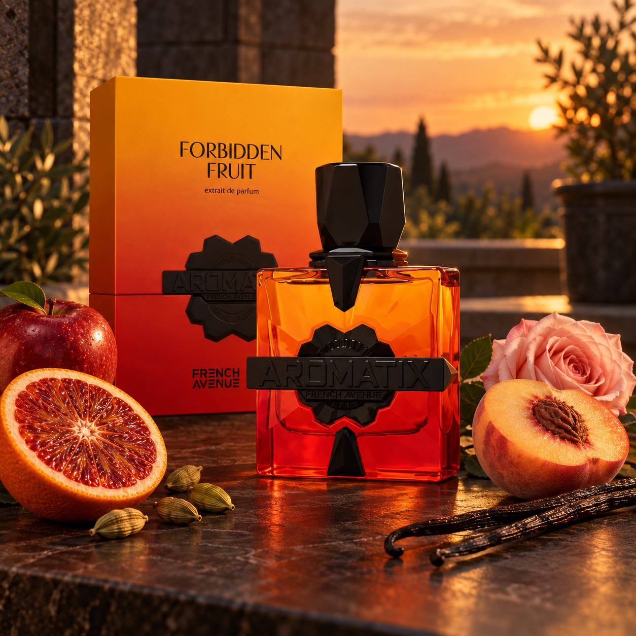 Forbidden Fruit Aromatix X French Avenue e caixa laranja e vermelha ao pôr do sol, com laranja-sanguínea, cardamomo, maçã, pêssego, rosa e baunilha.