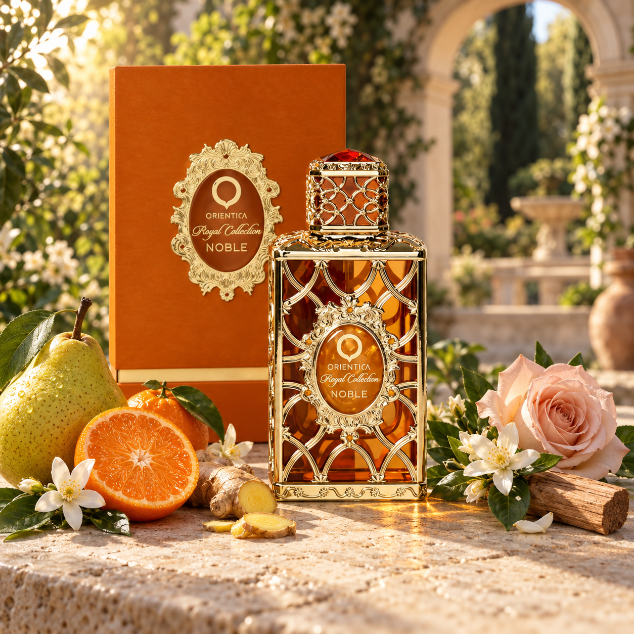Frasco dourado de Noble Orientica e caixa laranja sobre pedra, com pera, tangerina, gengibre, flores e madeira em um jardim.