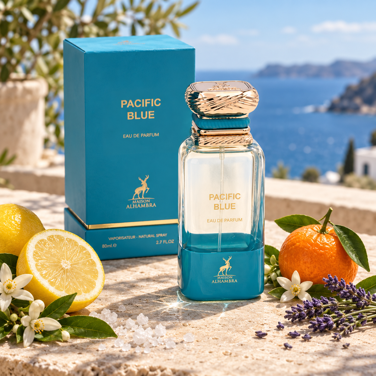 Pacific Blue Maison Alhambra com caixa turquesa em terraço diante do mar, cercado por limão, tangerina, flores brancas, lavanda e sal.