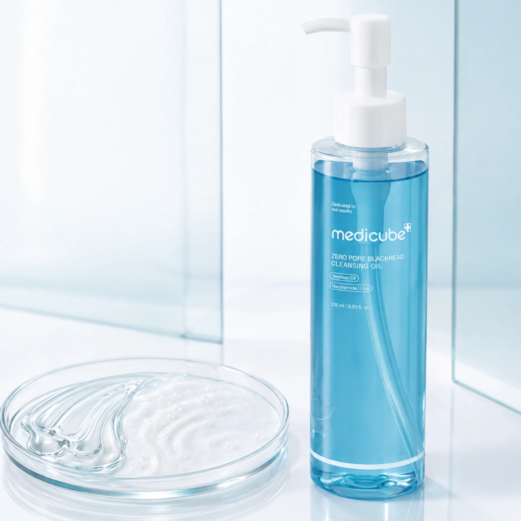 Medicube Zero Pore Cleansing Oil 205 ml em bancada clara com textura ao lado