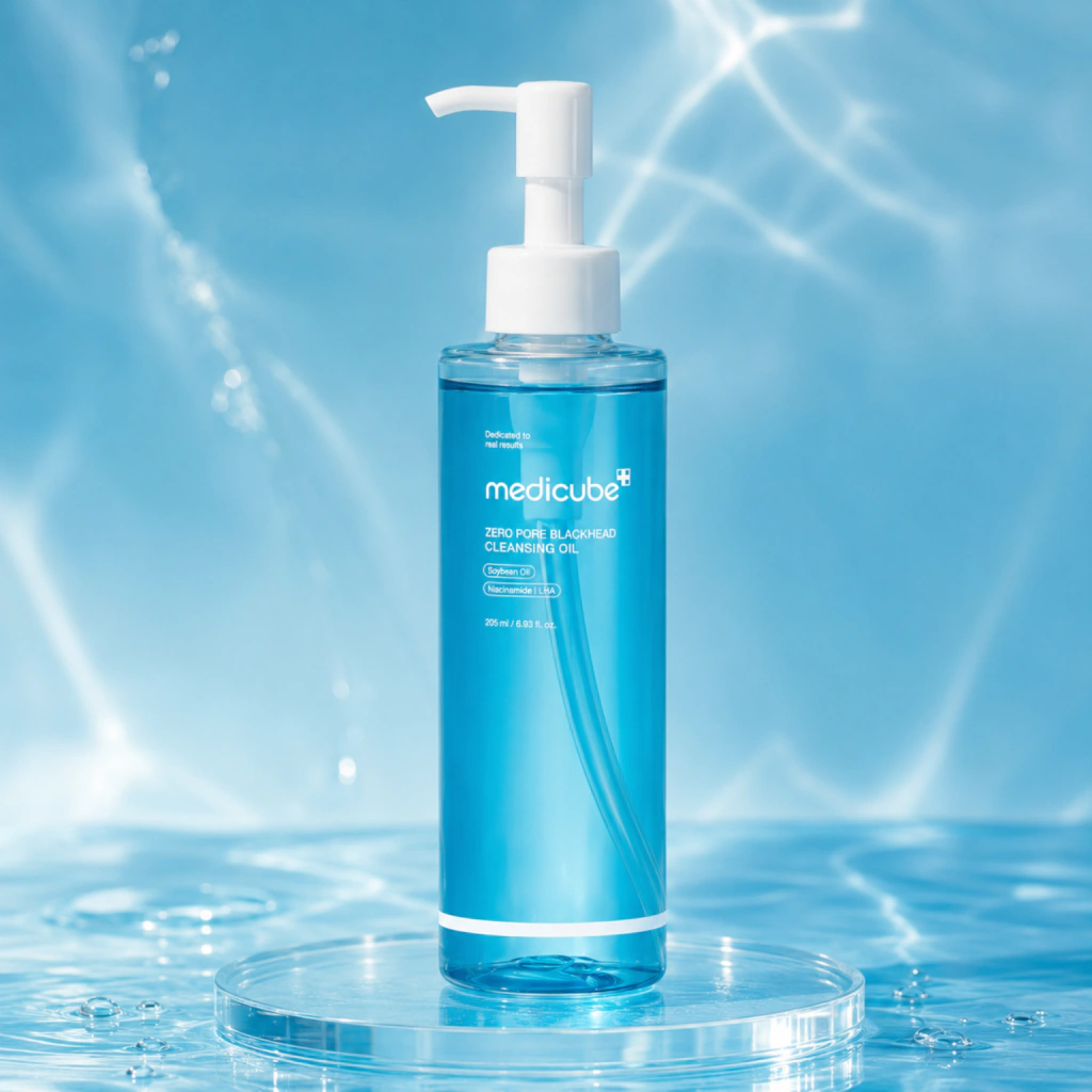 Medicube Zero Pore Cleansing Oil 205 ml sobre base transparente com reflexos de água