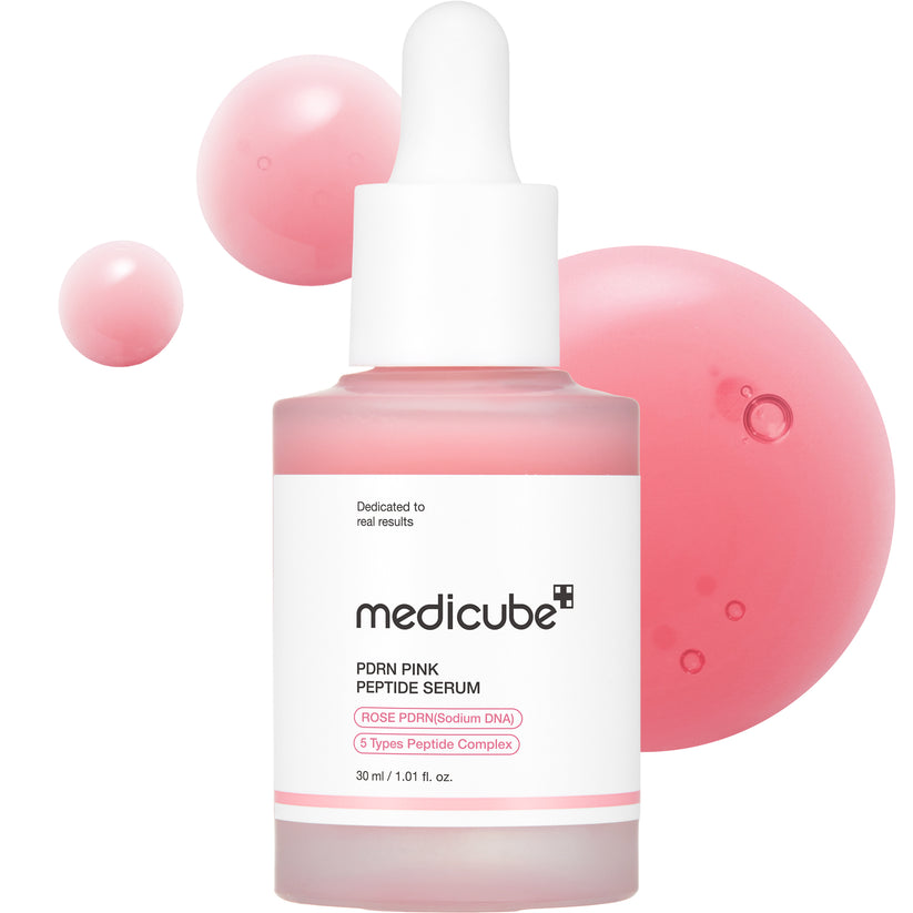 Medicube PDRN Pink Peptide Serum, variante Rose PDRN, em frasco rosa.