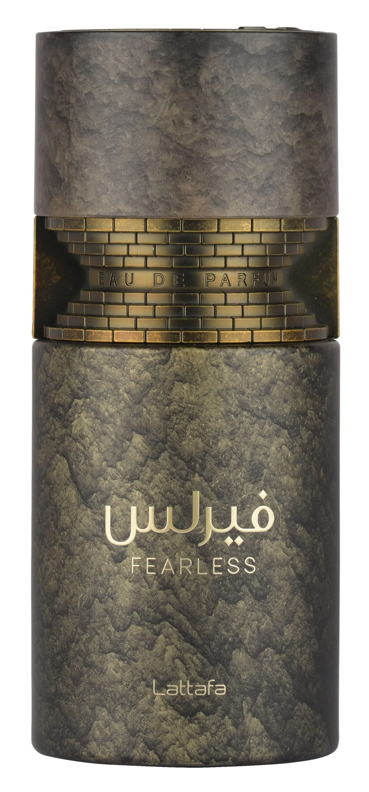 Frasco Fearless, da Lattafa, em tons de verde e dourado.