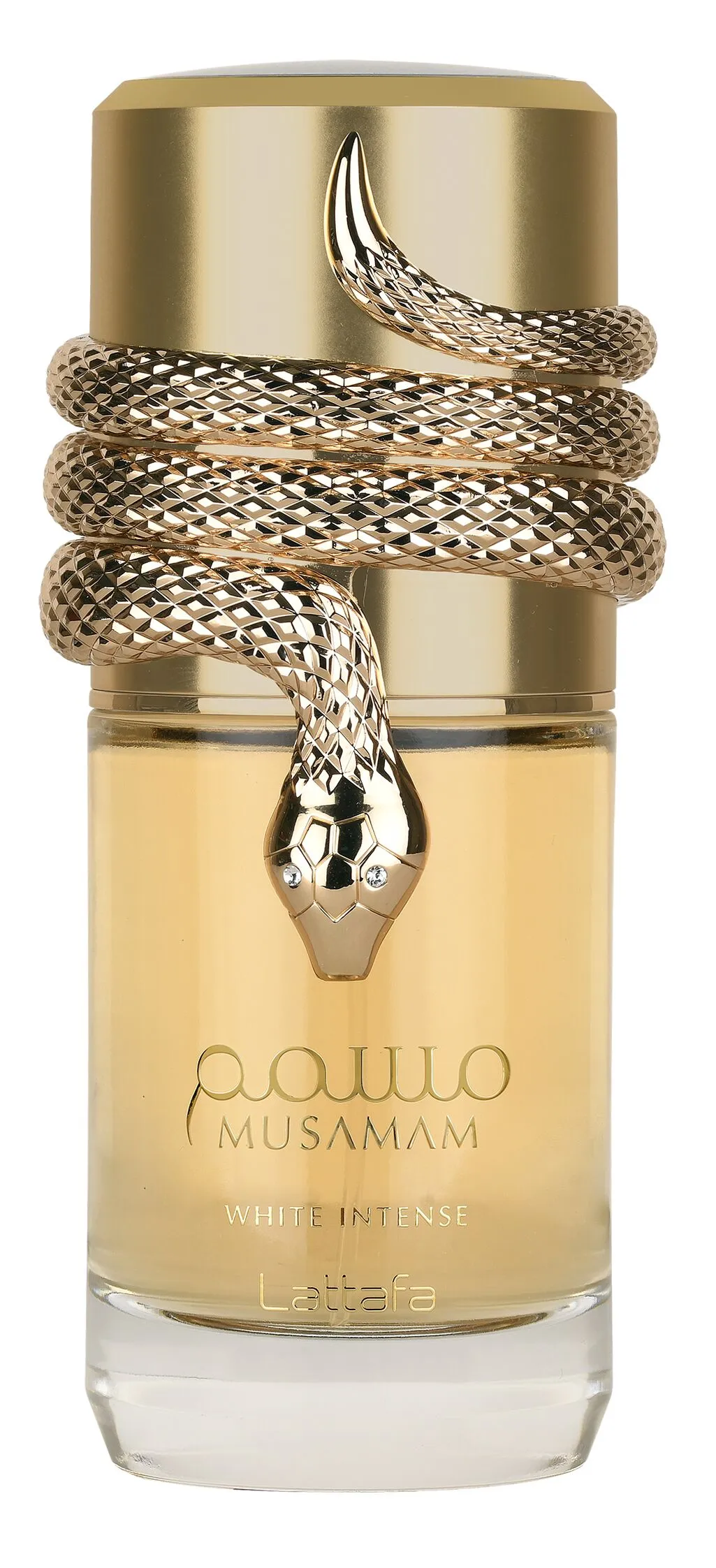 Frasco Musamam White Intense, da Lattafa, com tampa dourada em forma de serpente.