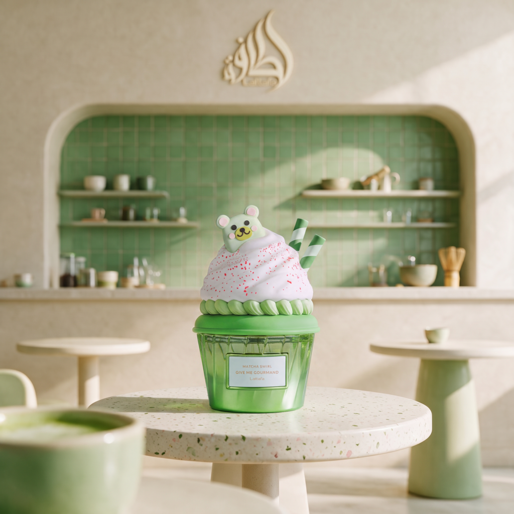 Matcha Swirl Give Me Gourmand Lattafa de 75 ml — fotografia 3 da embalagem e apresentação do produto