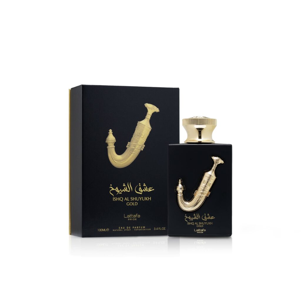 Ishq Al Shuyukh Gold Lattafa de 100 ml — imagem 2 da embalagem e apresentação do produto