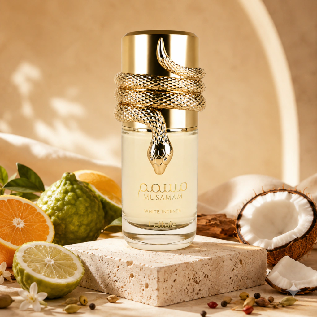 Musamam White Intense Lattafa cercado por cítricos e coco