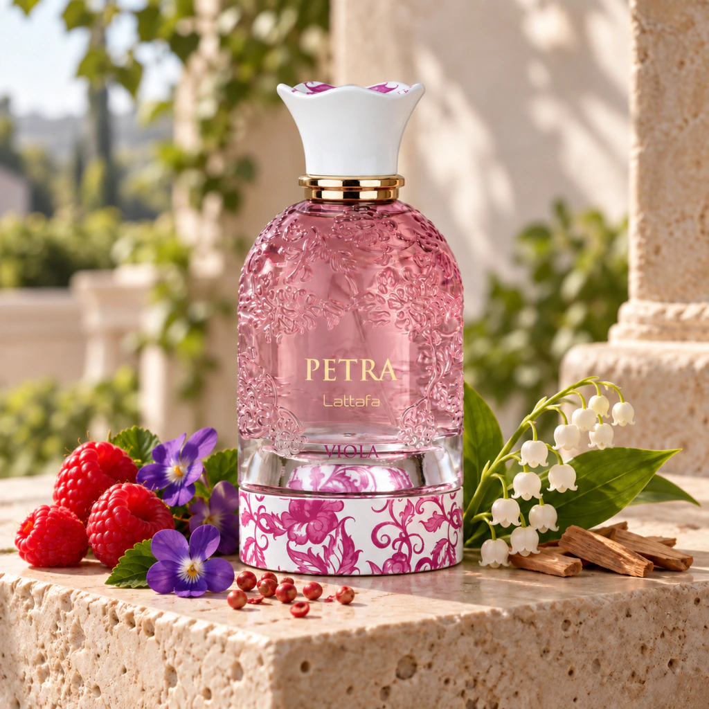 Petra Viola Lattafa de 100 ml — fotografia 3 da embalagem e apresentação do produto