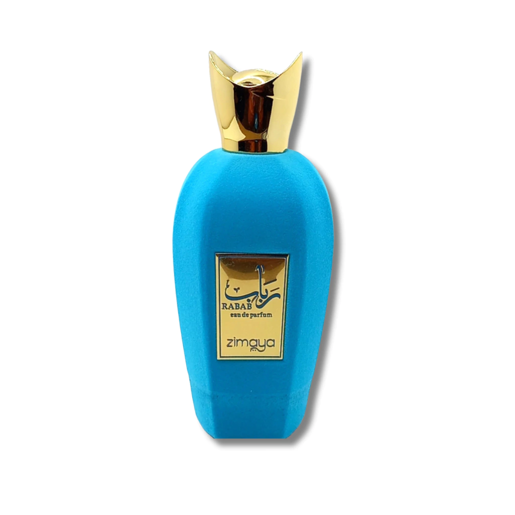 Frasco azul de Rabab Blue Zimaya com tampa dourada sobre fundo branco
