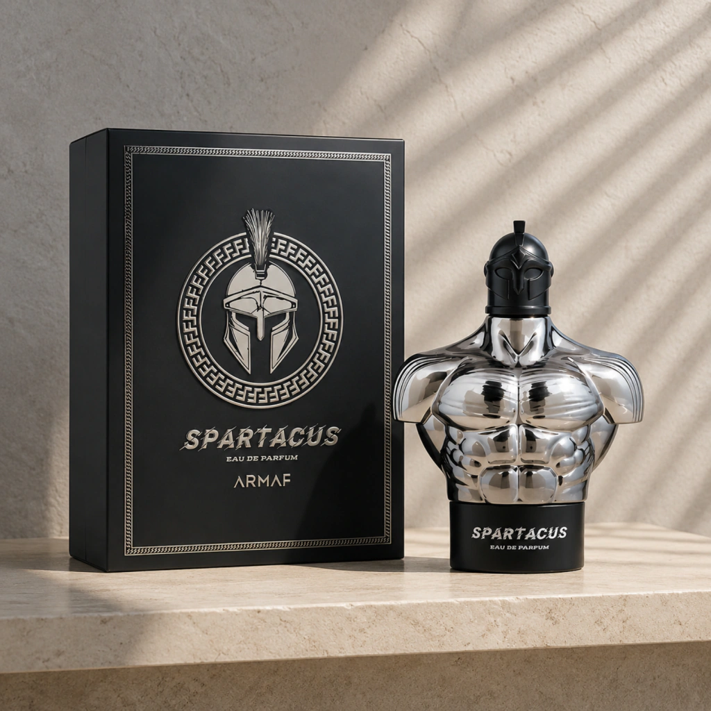 Spartacus Armaf com caixa sobre pedra clara sob luz natural