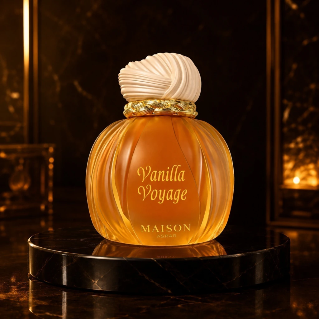 Vanilla Voyage Maison Asrar em ambiente noturno dourado